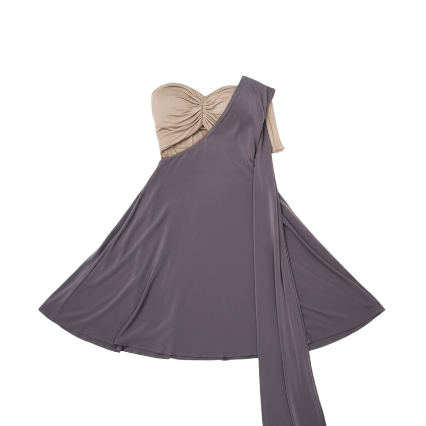 Gray one-shoulder dress with beige top on a transparent background