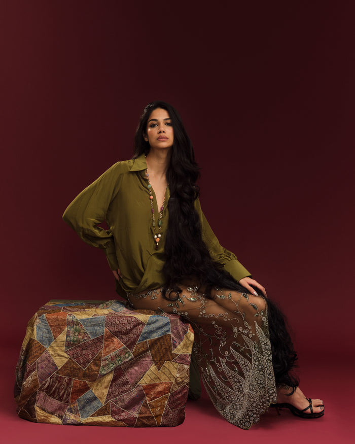 Model wearing the oversized Gayatri Shirt with the sheer embroidered Rati Skirt 2.0.

