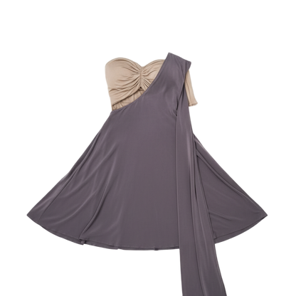 Gray one-shoulder dress with beige top on a transparent background