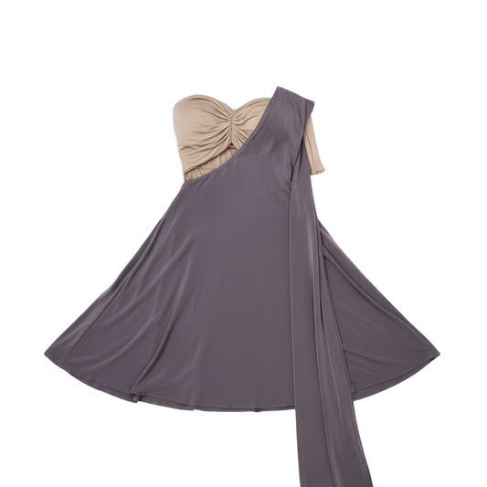Gray one-shoulder dress with beige top on a transparent background